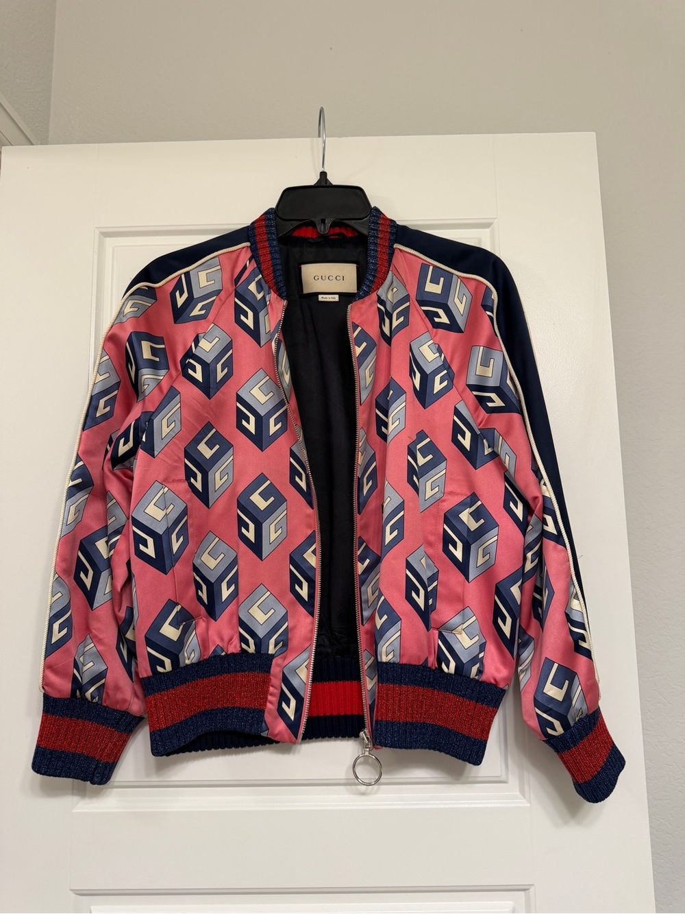 Gucci Pink and Navy Logo-Accent Satin Bomber